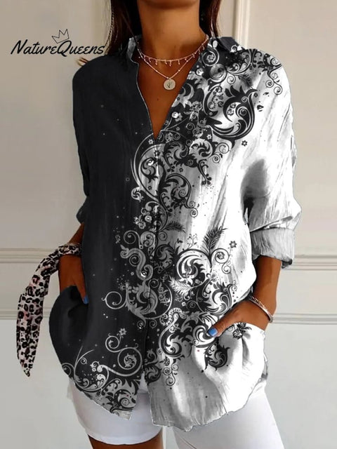 Black And White Elegant Floral And Vine Art Printed Women's Casual Cotton Shirt