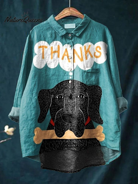 Women's Dog Art Print Casual Cotton And Linen Shirt