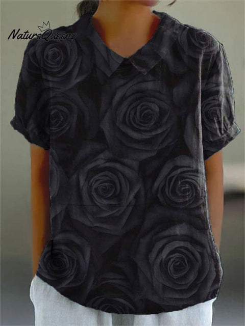 Midnight Black Rose Pattern Printed Women's Casual Cotton And Linen Shirt