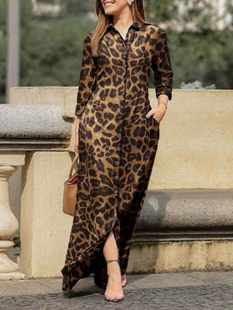 Women's Leopard Pattern Art Print Loose Elegant Casual Lapel Long Sleeve Cotton Long Shirt Dress