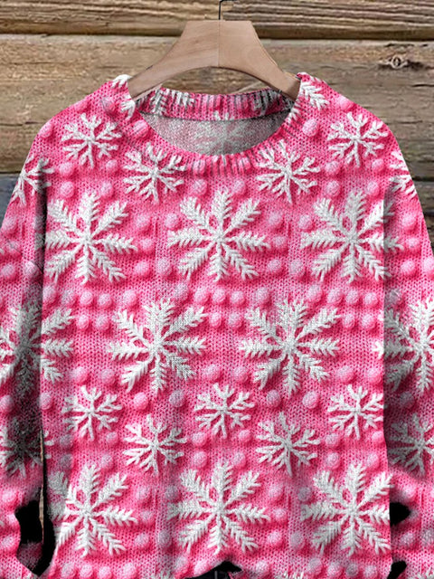 3D Snowflake Knit Stitch Pattern Printed Knit Pullover Sweater