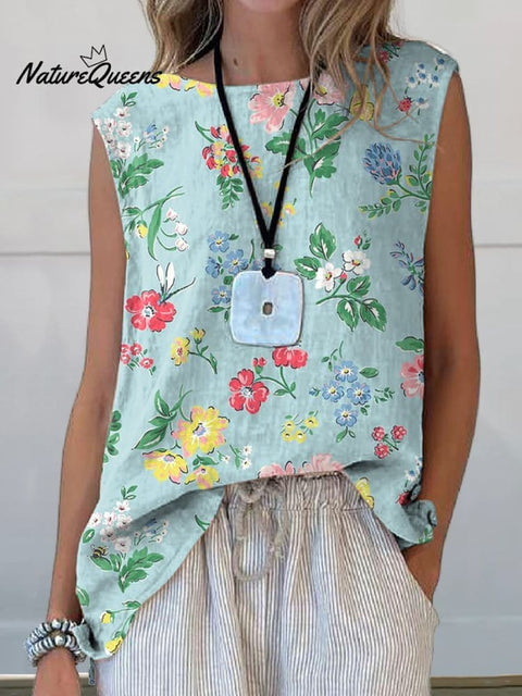 Retro Style Summer Floral Pattern Printed Women's Casual  Cotton And Linen Tank Top
