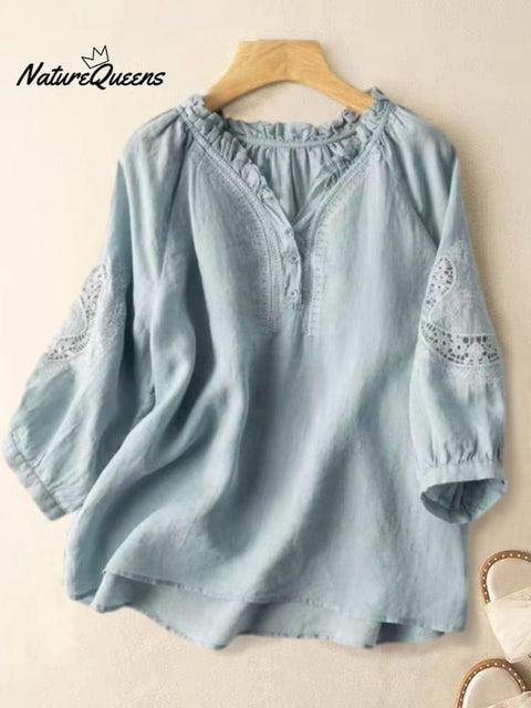 Embroidery Flower Cotton And Linen V-Neck Seventh Sleeve Blouse