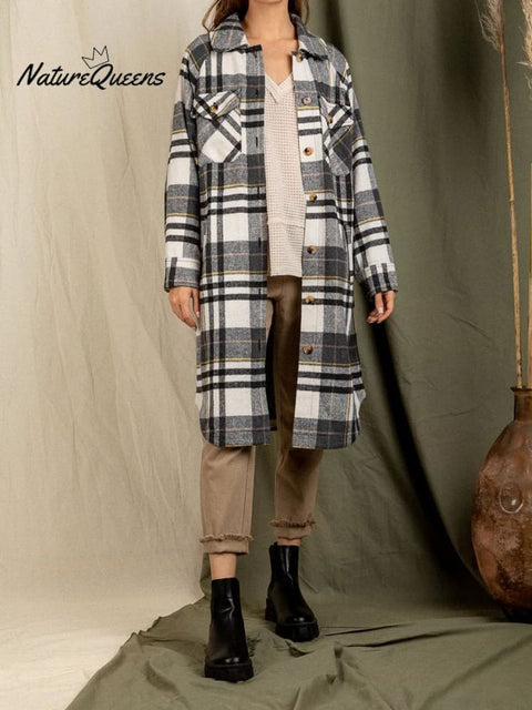 Stylish Lapel Big Pocket Long Sleeve Plaid Jacket Cardigan
