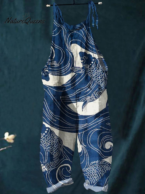 Women's Japanese  Art  Print Casual 100% Cotton Wide Leg Jumpsuit