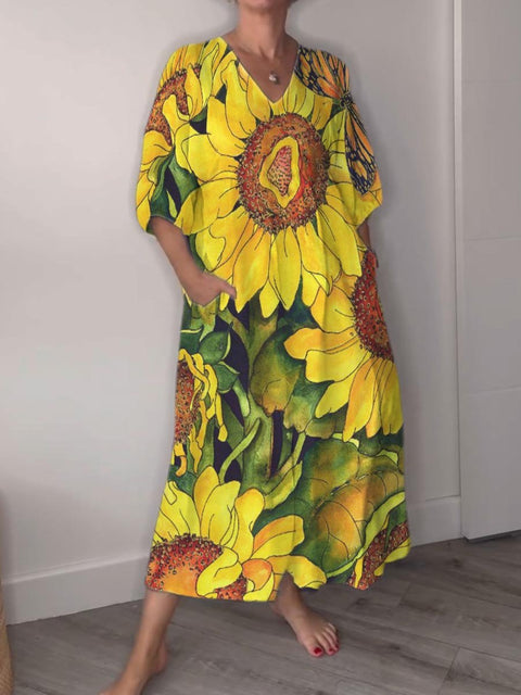 Painting Art Big Sunflower Decorative Pattern Pocket V-neck Cotton Dress