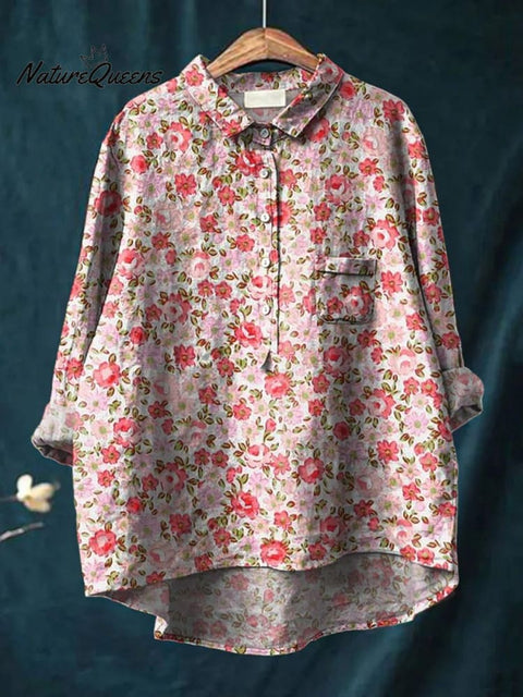 Retro Small Floral Pattern Printed Women's Casual Cotton And Linen Shirt