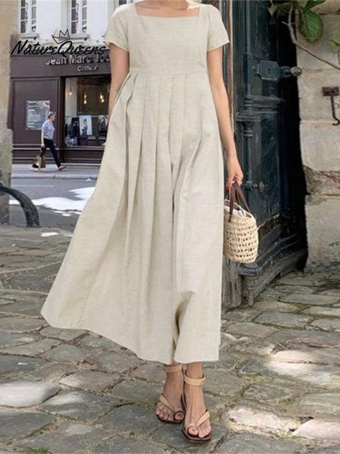 Elegant Casual Maxi Dress In Cotton And Linen Khaki / S