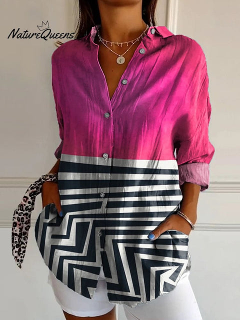Abstract Line And Color Block Pattern Printed Women's Casual Cotton Shirt