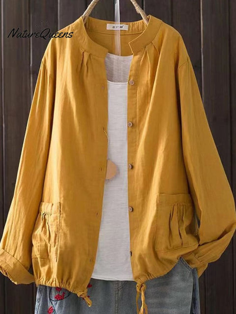 Women's Retro Style Cotton Yarn Solid Color Jacket