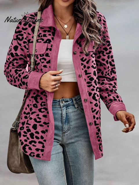 Women's Leopard Print Button Down Long Sleeve Jacket