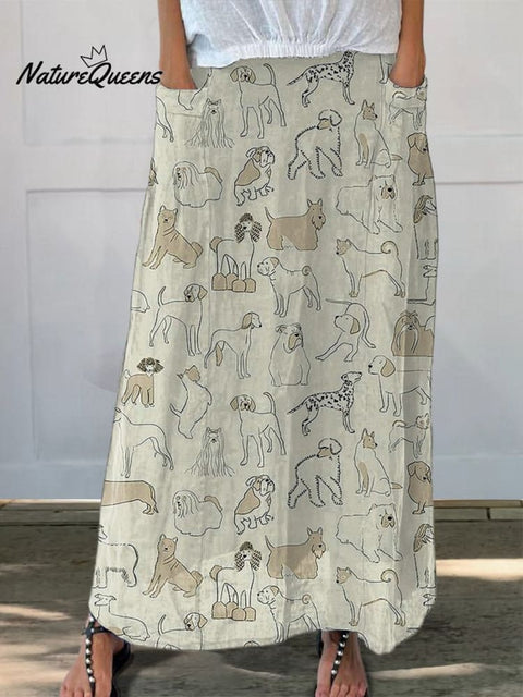 Line Drawing Dogs Pattern Printed Women's Linen Pocket Skirt