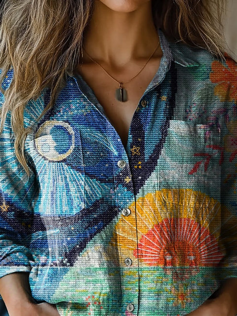 Cross Stitch Sun And Moon Art Printed Women's Casual Long Sleeve Comfortable Cotton Shirt