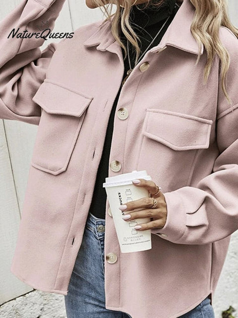 Women's Lapel Neck Solid Color Tweed Casual Jacket