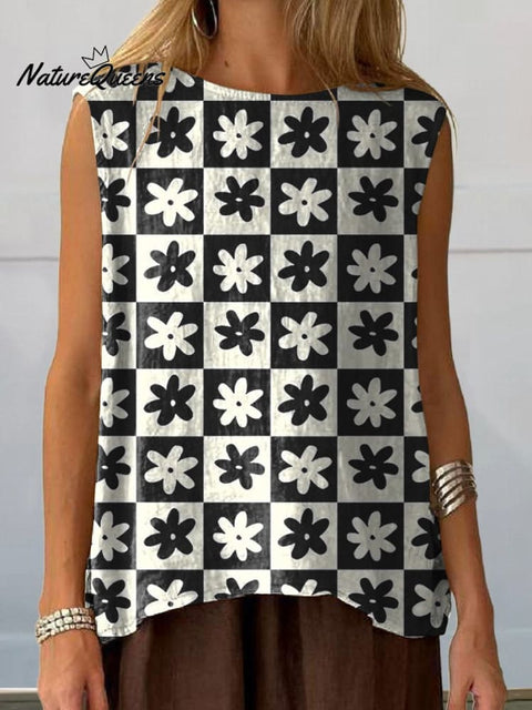 Lovely Floral And Check Pattern Printed Women's Casual Cotton And Linen Tank Top