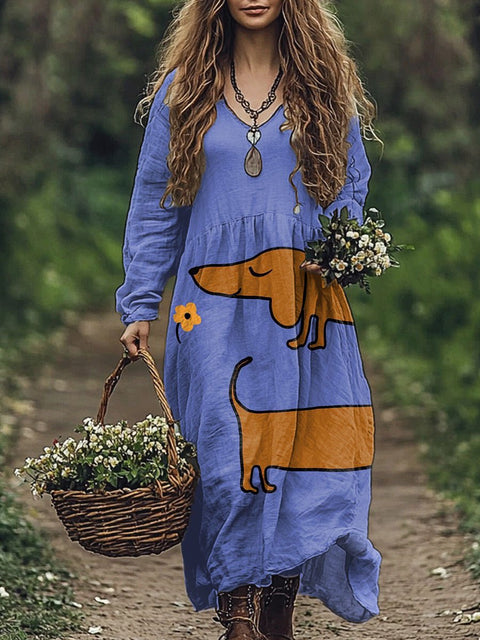 Women's Funny Dog Art Print Pocket Cotton Dress