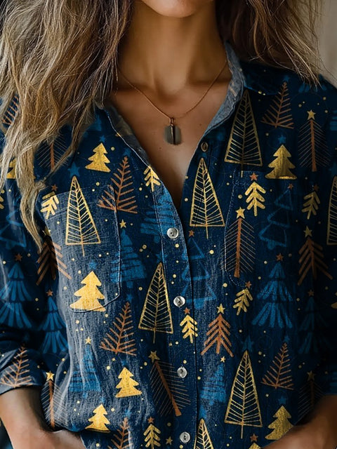 Lovely Christmas Tree Pattern Printed Women's Casual Long Sleeve Comfortable Cotton Shirt
