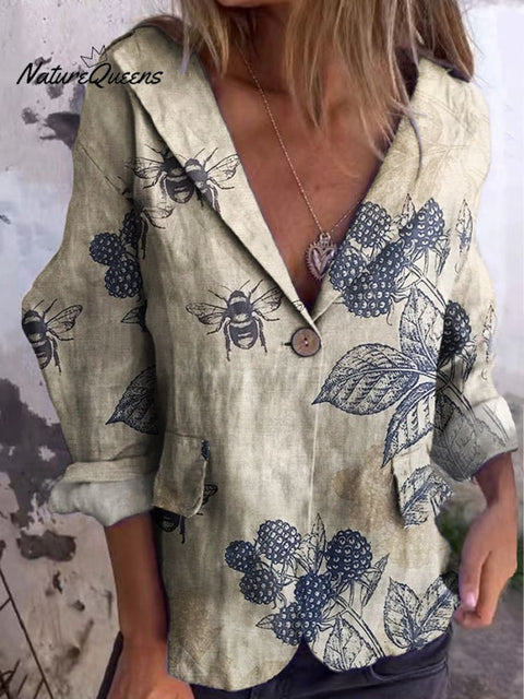 Women's Bee Art  Print Cotton Linen Jacket Blazer