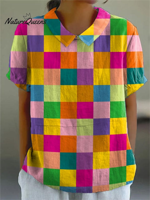 Rainbow Color Check Pattern Printed Women's Casual Cotton And Linen Shirt