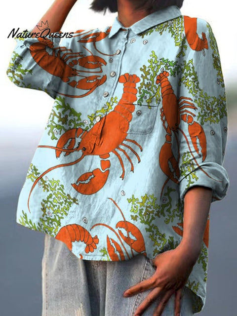 Lobster and Waterweed Decorative Pattern Casual Cotton And Linen Shirt