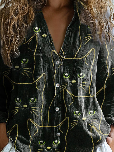 Women's Lovely Cats Art Print Casual Long Sleeve Comfortable Cotton Shirt
