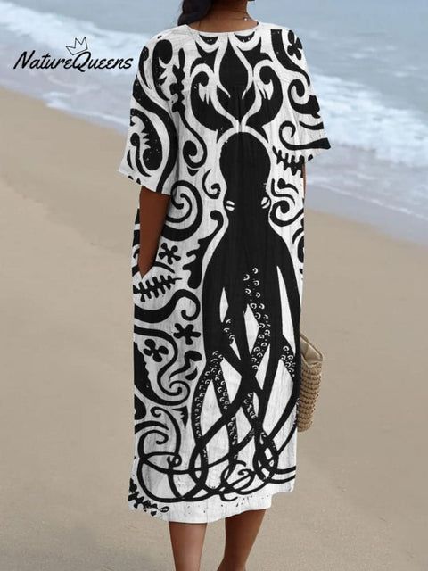 Black Octopus Decorative Pattern Flowy Dress