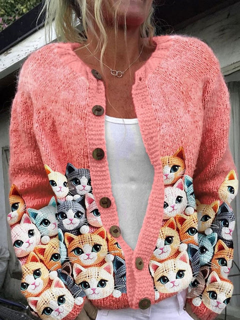 Retro Cat Art Print Buttoned Cardigan Sweater