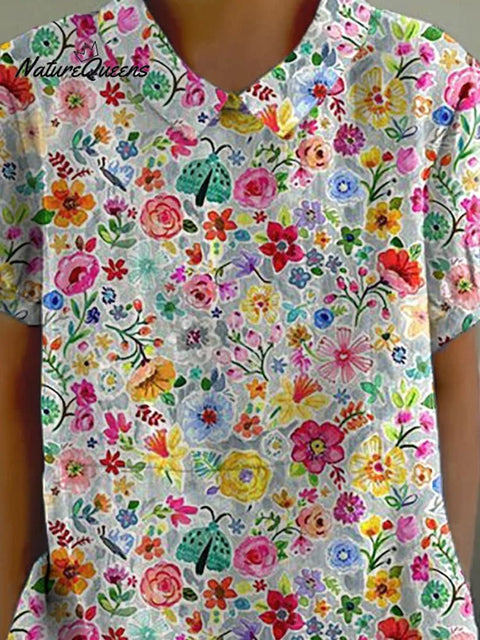 Hand Drawing Style Floral Garden Pattern Printed Women's Casual Cotton And Linen Shirt