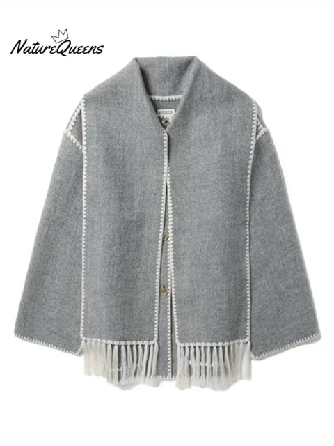 Women's Thickened Loose Woolen Coat with Scarf and Tassels