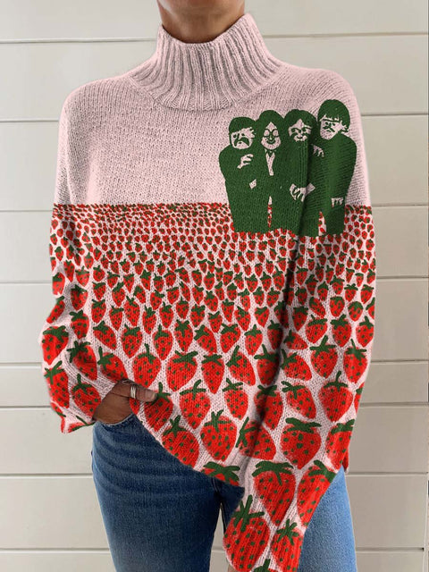 Women's Funny Strawberry Pattern Art Print Knit Turtleneck Pullover Sweater