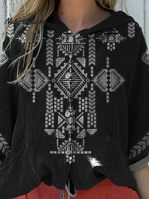 Ethnic Style Summer Geometric Pattern Printed Women's Hooded Drawstring Linen Casual Blouse
