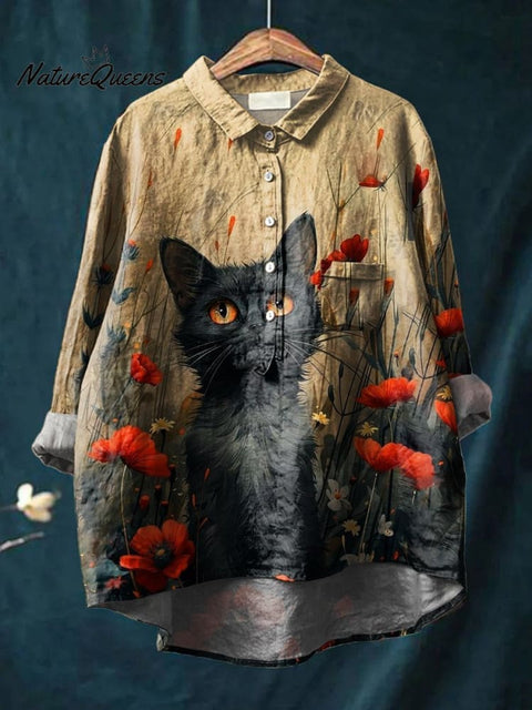 Women's Cat Art Print Casual Cotton And Linen Shirt