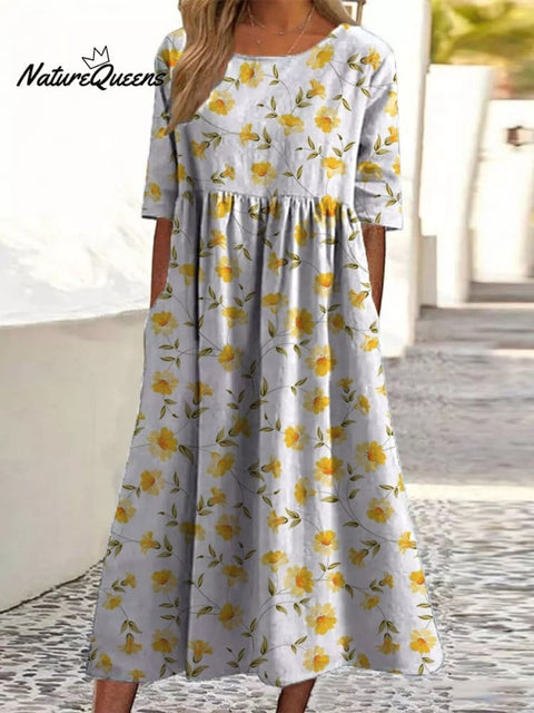 Lovely Daffodil Floral Pattern Printed Women's Pocket Cotton Dress