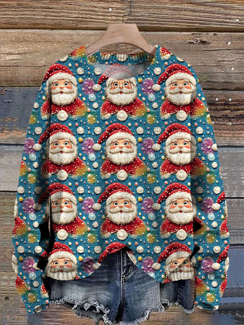 3D Knit Stitch Santa Claus Pattern Printed Knit Pullover Sweater