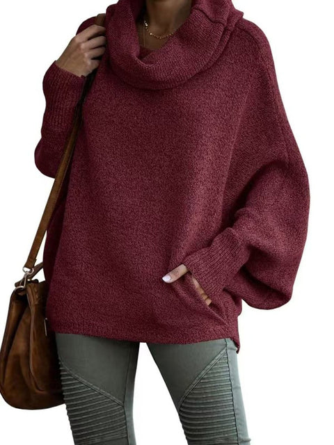 Women's Stylish Casual Long Sleeve Pullover Solid Color Loose Turtleneck Knitted Sweater