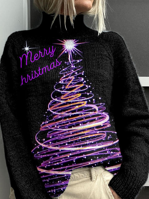 Glitter Christmas Print Knit Turtleneck Pullover Sweater