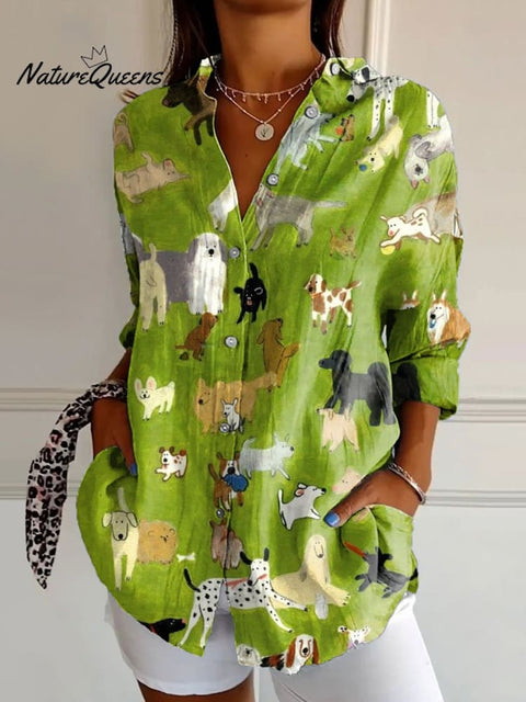 Women's Cute Happy Dog Art Print Casual Cotton Shirt