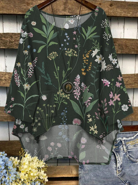 Wild Meadows Floral Pattern Printed Women's Casual Long Sleeve Comfortable Cotton Top