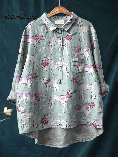 Romantic Puppy Dogs And Floral Bouquet Pattern Printed Women's Casual Cotton And Linen Shirt