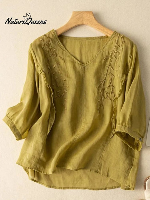 Embroidery Cotton And Linen Mid Sleeve Blouse
