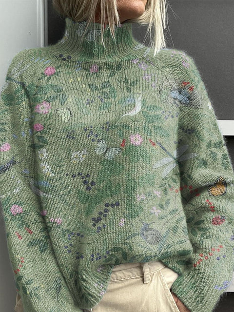 Classical Elegant Flowers, Plants and Birds Decorative Pattern Knit Turtleneck Pullover Sweater