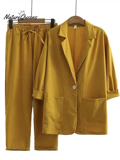 Women's Solid Color Loose Casual Cotton And Linen Jacket Pants Suit