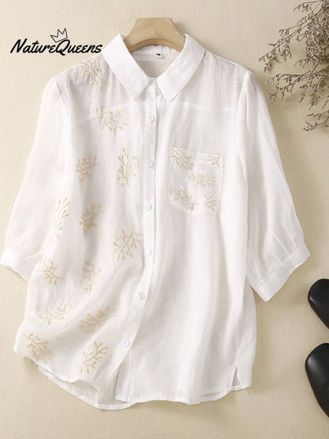 Loose Casual All-Match Embroidered Cotton Linen Shirt
