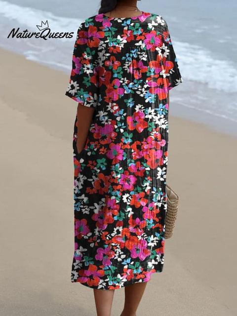 Bright Summer Floral Pattern Printed Women's Flowy Dress