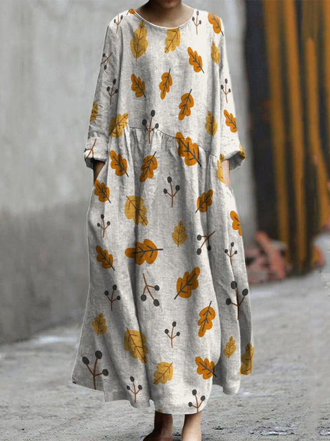 Autumn and Winter Fallen Leaves Decorative Pattern Pocket Cotton Dress