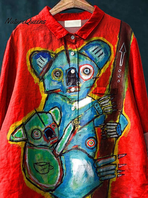 Abstract Koalas Art Printed Women's Casual Cotton And Linen Shirt