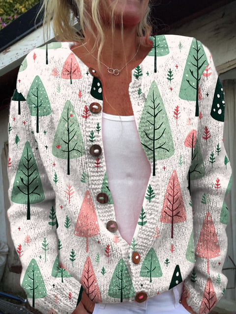 Colorful Tree Pattern Print Buttoned Cardigan Sweater