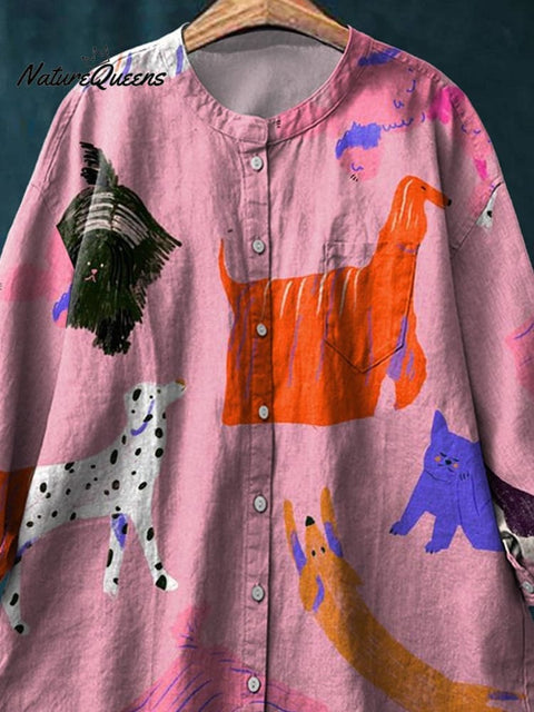 Lovely Dog Party Pattern Printed Women's Casual Cotton And Linen Shirt