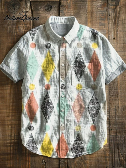 Rhombus Color Splicing Art Print Casual 100% Cotton Shirt