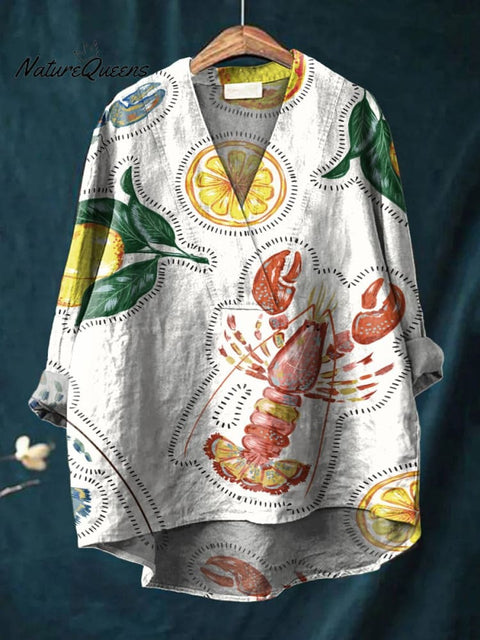 Summer Lemon Lobster Decorative Pattern Casual Cotton And Linen V-neck Shirt